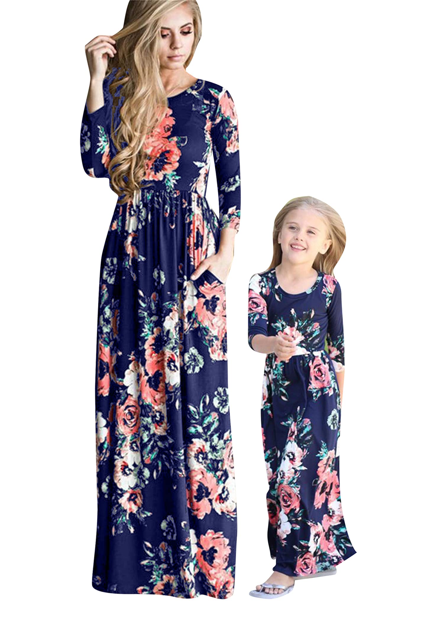 OMZINMother and Daughter Maxi Dress Flower Printed Dresses Long Sleeve Family Party Dress Beach Dress Mother and Girl