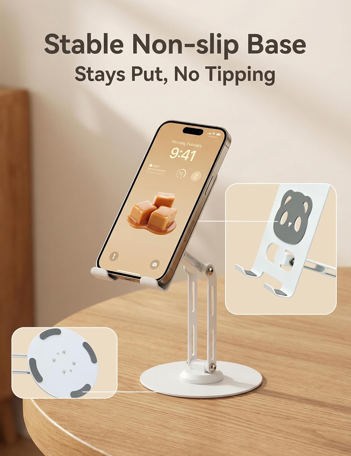 All-Metal Desk Phone Stand, 360° Rotating, 4-8" Phones & Tablets | Carbon steel base, dual-pole adjustment, panda face anti-slip pads, hex key, scratch-proof, heat-dissipating, case-friendly