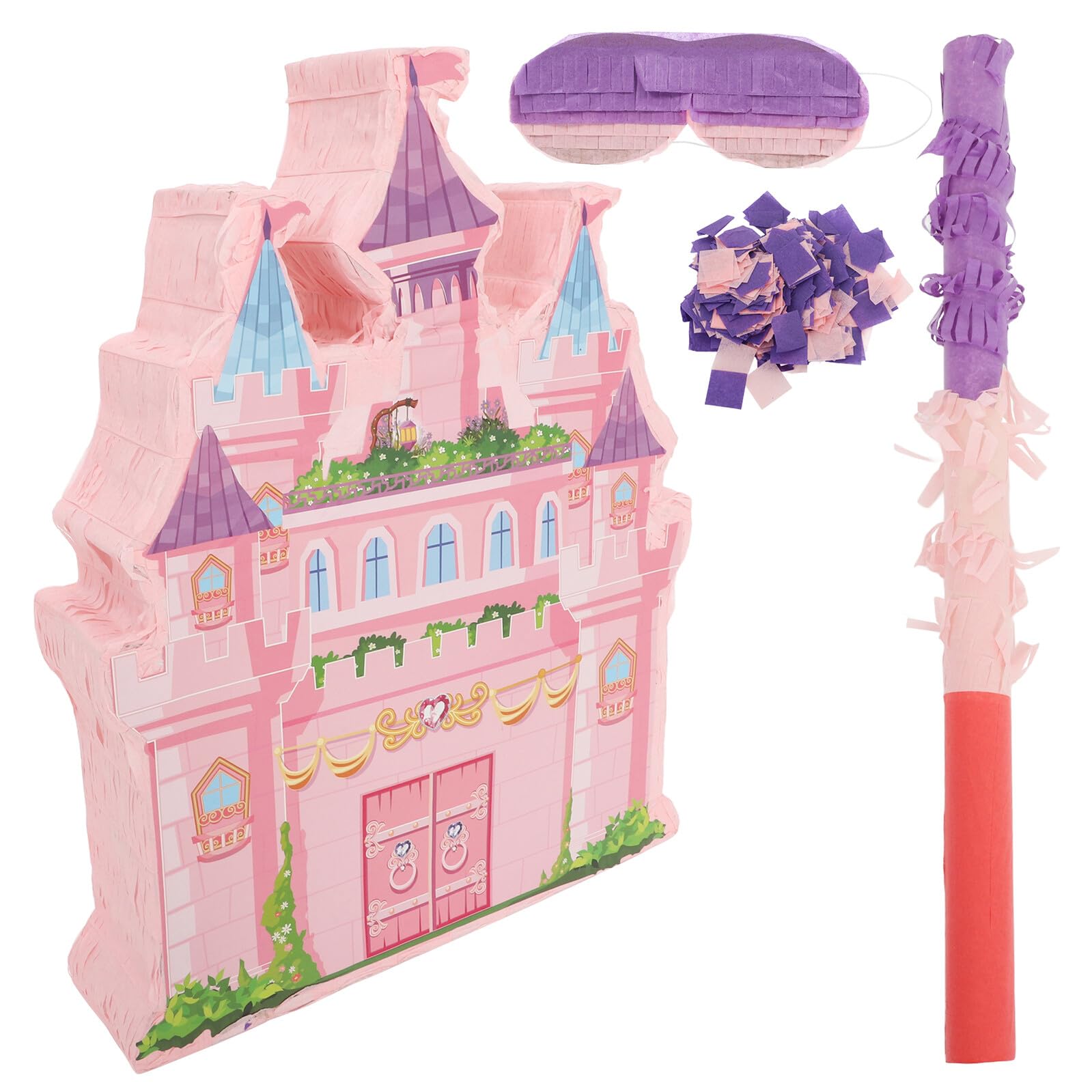 Piñata de Castillo Rosa para Cumpleaños Infantiles, Colgante Contenedor de Dulces, Incluye Palo para Romper y Venda, Decoración Temática para Fiesta de Niñas, Juego Divertido