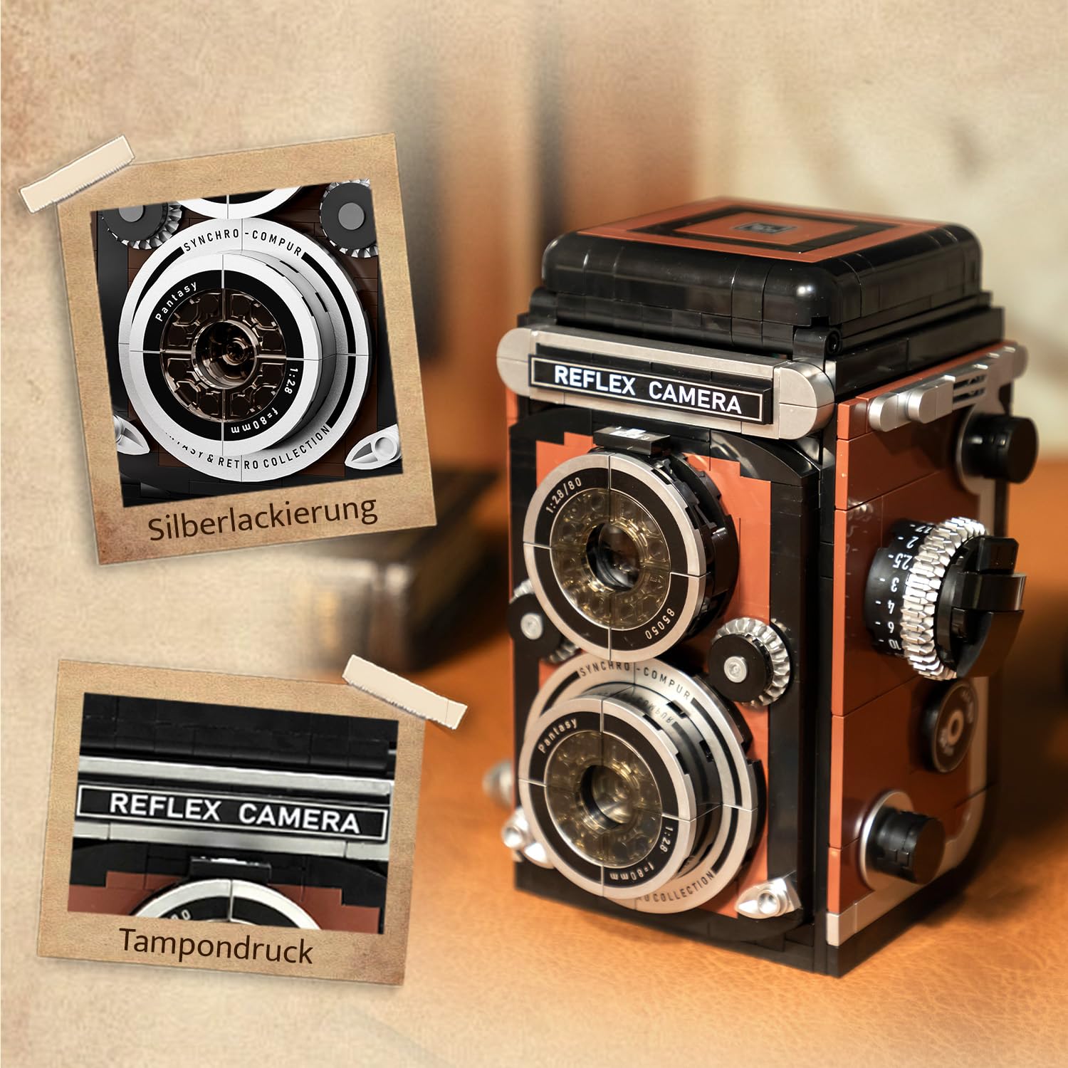 PANTASY Retro Kamera Klemmbausteine Set für Erwachsene | Klassische Doppelobjektivkamera mit interaktiven Funktionen, Vintage-Fotoapparat als dekoratives Sammlermodell