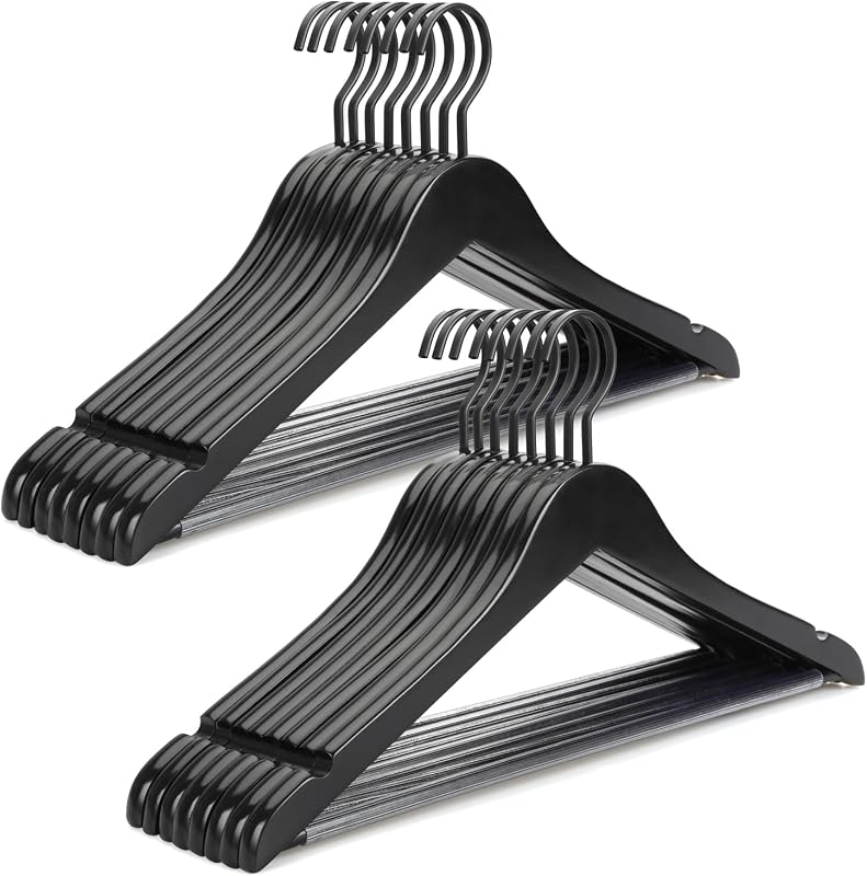 TOPIA HANGER Premium Wooden Hangers, Luxury Boutique Wood Hangers with Extra Thick Hook and Non Slip Pants Bar, Heavy Duty Coat Hanger with Notches 16 Pack, Black -CT01B