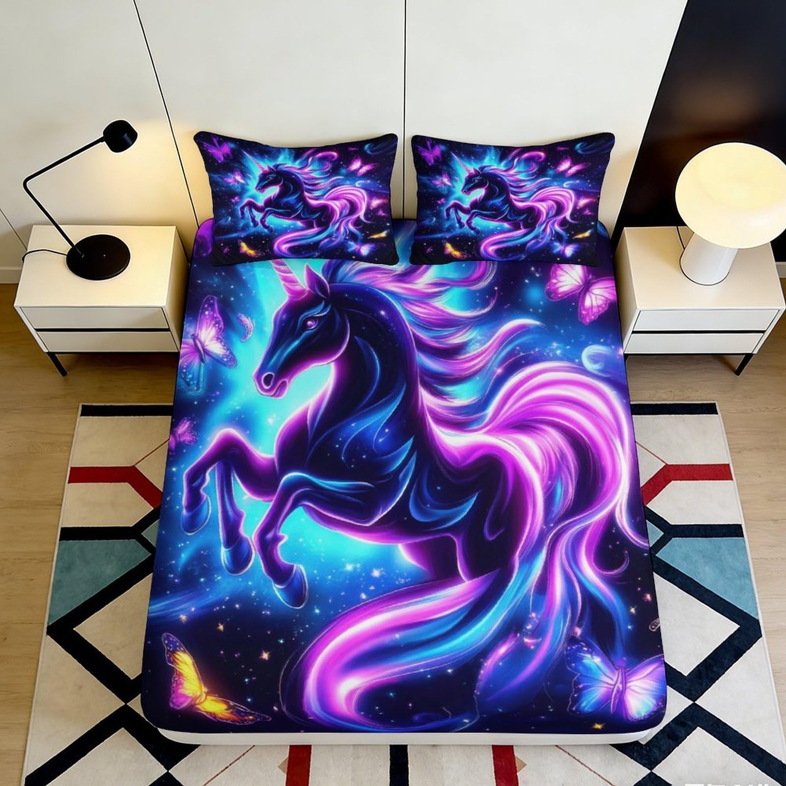 Pnayamiorkfel Style-8 3D Printed Neon Unicorn Fitted Sheet Microfiber Soft Fantasy Butterfly Bed Cover For Bedroom Dorm Mattress Decor 90X200x25cm