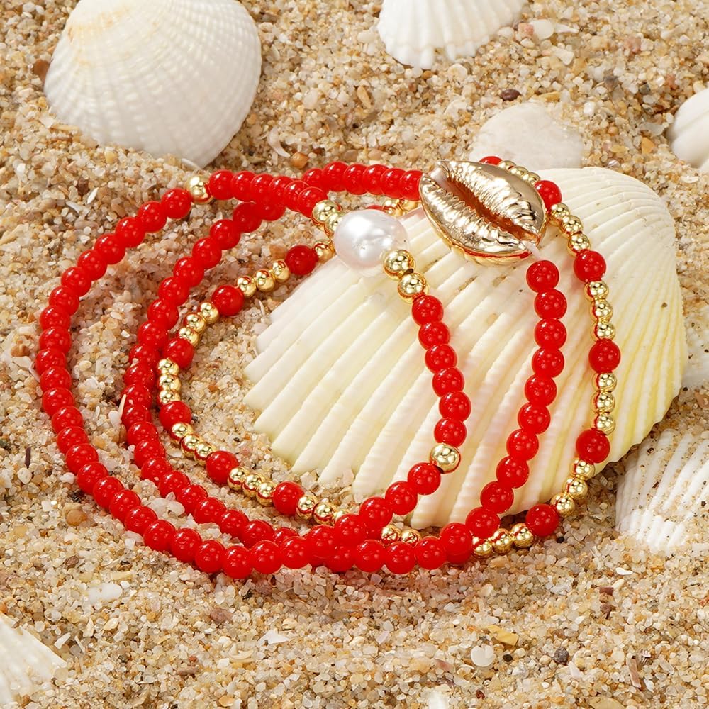 Red Beads Pearl Stackable Elastic Bracelets set for Women,Dainty Gold Beaded 3PCS Bracelet Beach Gifts Friendship - Image 5