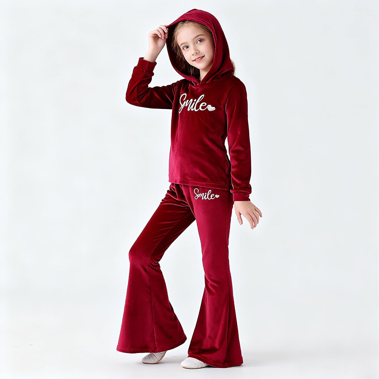 6-13 Years Girls Clothing Heart Print Hoodie Top + Heart Print Flare Leg Pants 2PC Clothing Set