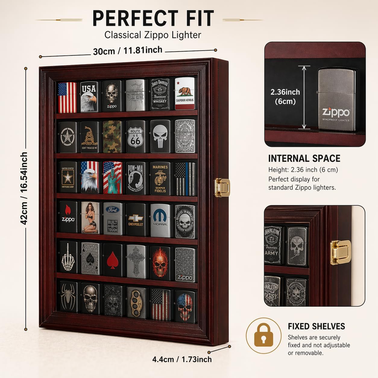 36 Lighter Display Case Wall Mount, 98% UV Protection Clear Acrylic Door, Lockable Wooden Cabinet for Zippo & Vintage Lighters Collection, Man Cave Decor Ultimate Gift for Men