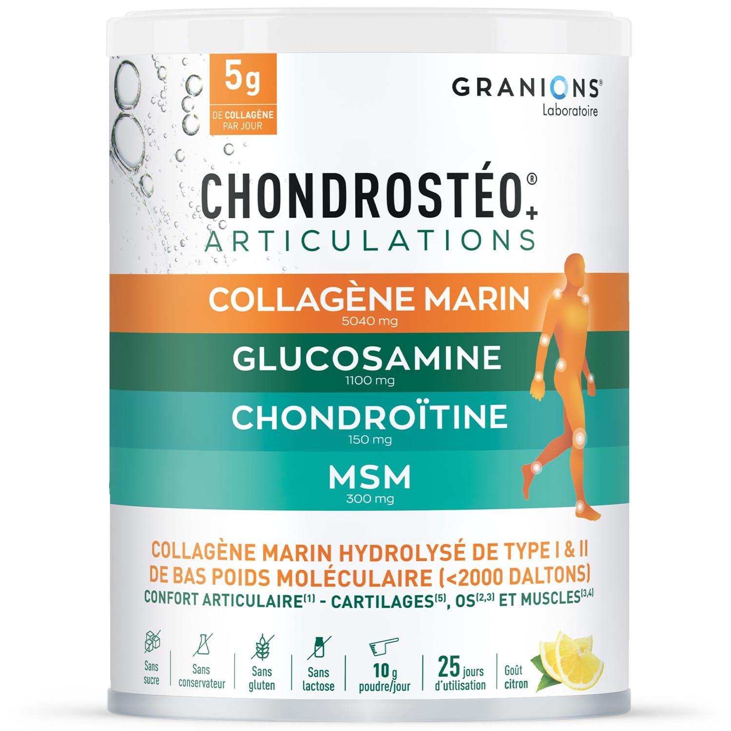 GRANIONS - Collagene Marin Poudre - CHONDROSTEO + Articulations - glucosamine chondroitine msm - collagene articulations - Glucosamine Chondroitine - msm - Goût citron - 250 g
