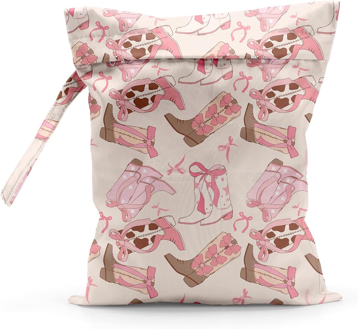 Waterproof Cloth Diaper Wet Dry Bag, Pink Reusable Travel Beach Pool Daycare Soiled Toddler Items Yoga Gym Bag for Swimsuits or Wet Clothes Diaper Western Boots Wet Bag