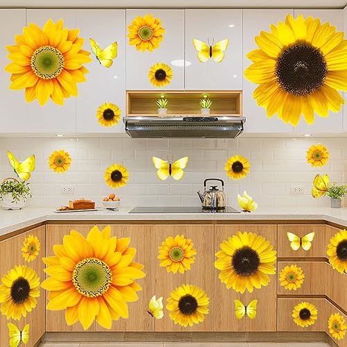 Miniatura 1 de 54 calcomanías 3D de girasoles y mariposas para pared, calcomanías de pared de girasol grandes, calcomanías de flores amarillas para el hogar,