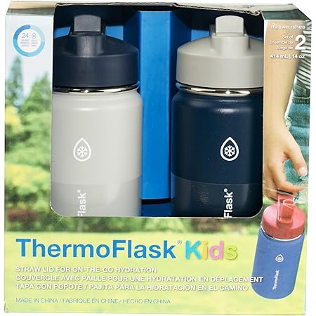 Thermoflask Stainless Steel Kids 14oz Straw Bottle 2pk Harbor Grey, Denim