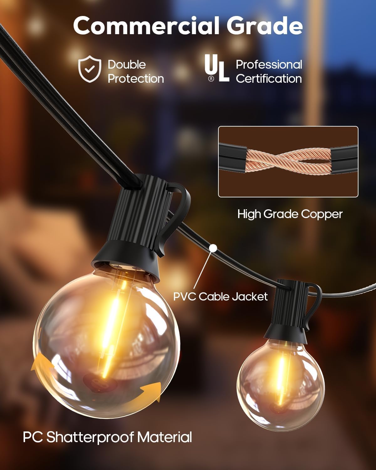 LITVERSE String Lights for Outside 25 FT, Outdoor Lights for Patio with 25 + 1 Shatterproof LED Edison Bulbs, G40 Waterproof Connectable Hanging Lights for Backyard Bistro Party Balcony