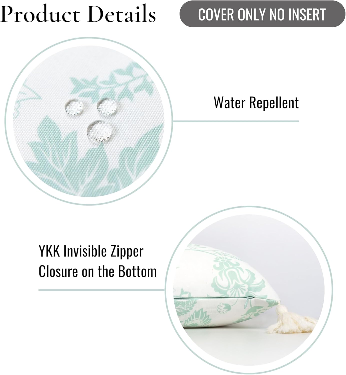 Hofdeco Premium Fall Coastal Patio Indoor Outdoor Lumbar Pillow Cover Only, 12"x20" Water Repellent for Backyard, Couch, Muted Aqua Floral Tassel