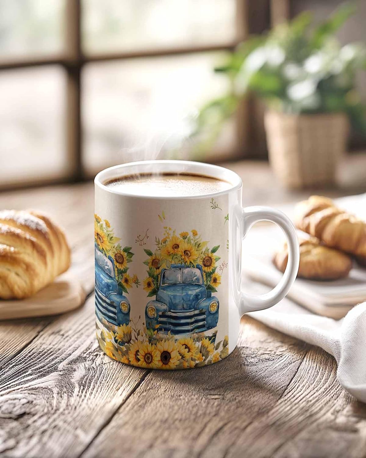 BEMIGO Ceramic Coffee Mug Farmhouse Sunflower Blue Truck Ceramic Mug White Cup, Spring Summer Insulated Coffee Cup with Handle with Pattern Perfect for Tea and Hot Beverages, 12oz