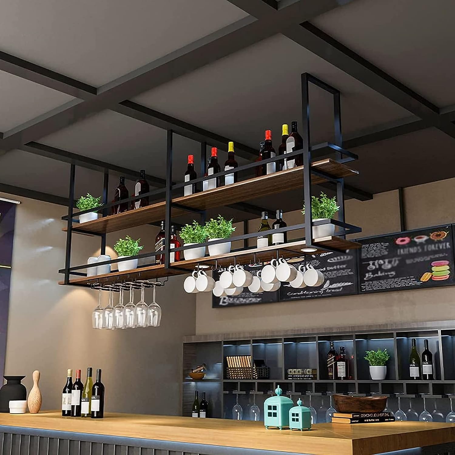 Amazon.co.jp: カフェ/バー/飲食店向け 天井吊り 棚板付き 店舗什器 吊り下げラック アイアン 天井 キッチン フレーム 吊り棚 アイアン 吊り下げ 棚 木製ラック・ウッドラック