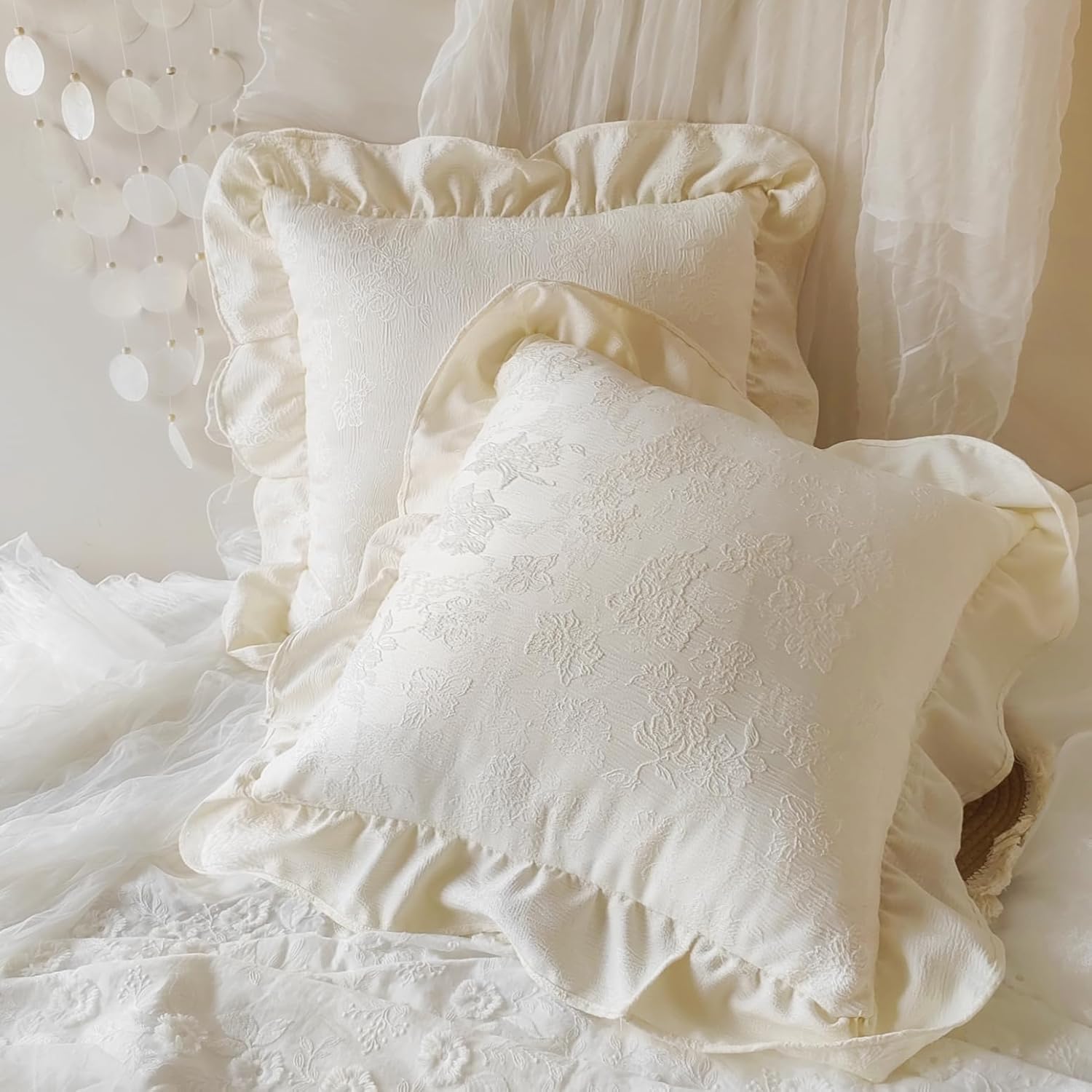 Vintage Court Throw Pillow Covers,Jacquard Floral Ruffle Pillowcase,Shabby Pillowcase,Cottage Chic Decor, Gift for Her,18x18 Inch,2 Pieces,Creamy White