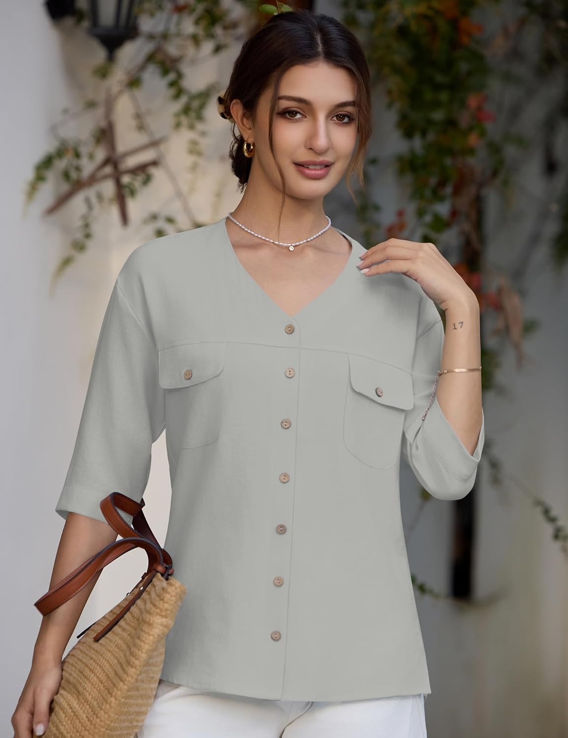 LOMON Women's Button Down Shirts Summer 3/4 Sleeve V Neck Blouses Lightweight Casual Office Work Tops with Pockets - Image 2