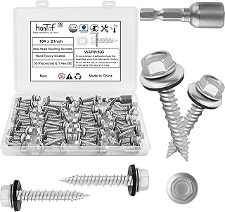 Metal Roofing Screws #10 × 2 Inch, 50-PCS, Hex Head Rustpert Coating Sheet Metal to Wood Siding Screw with EPDM Rubber Washer, Sharp Point, Hex Socket Included