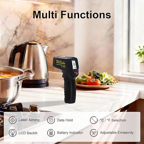 Miniatura 2 de KETOTEK Termómetro infrarrojo sin contacto IR pistola de temperatura láser digital -50℃～600℃ (-58℉～1112℉) Termómetro de emisividad ajustable para