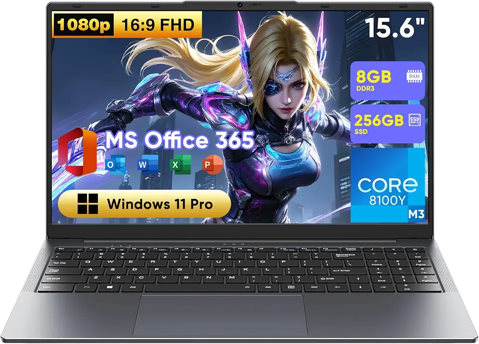 Laptop de 15,6 polegadas 2 em 1, Win 11 Pro 8 GB RAM 256 GB SSD Core m3 8100Y (até 3,40 GHz), MS Office 365 ultrafino, tela sensível ao toque FHD, Wi-Fi 5, BT5.1, RJ45, teclado