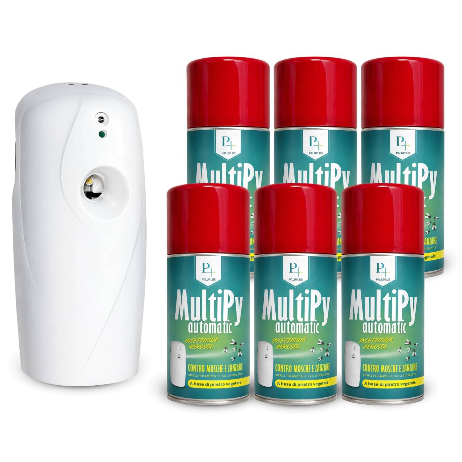 Virsus 6 Bombolette Insetticida MULTIPY da 250ml per Mosche zanzare e Insetti Volanti per Uso Domestico a Base di Piretro Naturale Vegetale + Erogatore Night And Day Automatico programmabile