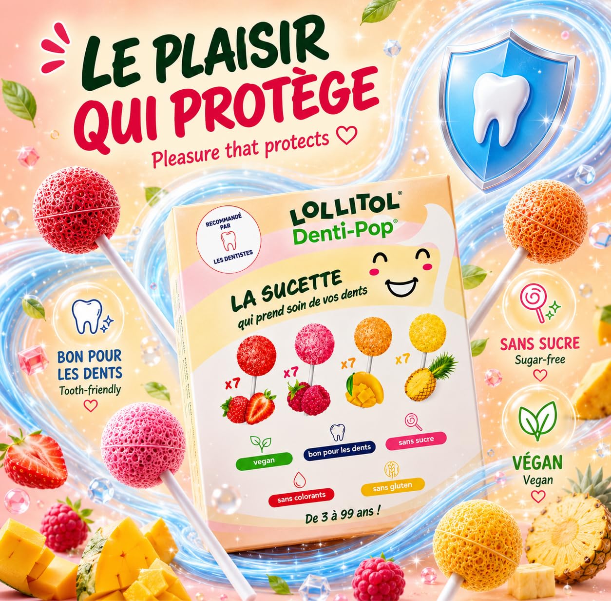 LOLLITOL Sucettes Sans Sucre 28 Pièces – Bonbon Sans Sucre, Lollipop Vegan Saveurs Fruits (Fraise, Framboise, Mangue, Ananas) – Sans Aspartame, Coffret Découverte