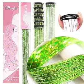 Hair Tinsel Pack of 12 Pcs Clip in Hair Tinsel 20 Inch Glitter Green Tinsel Green Hair Extensions, Festival Tinsel Fairy Hair Party Dazzle Hair Accessories Strands Kit(12Pcs,Grass Green)
