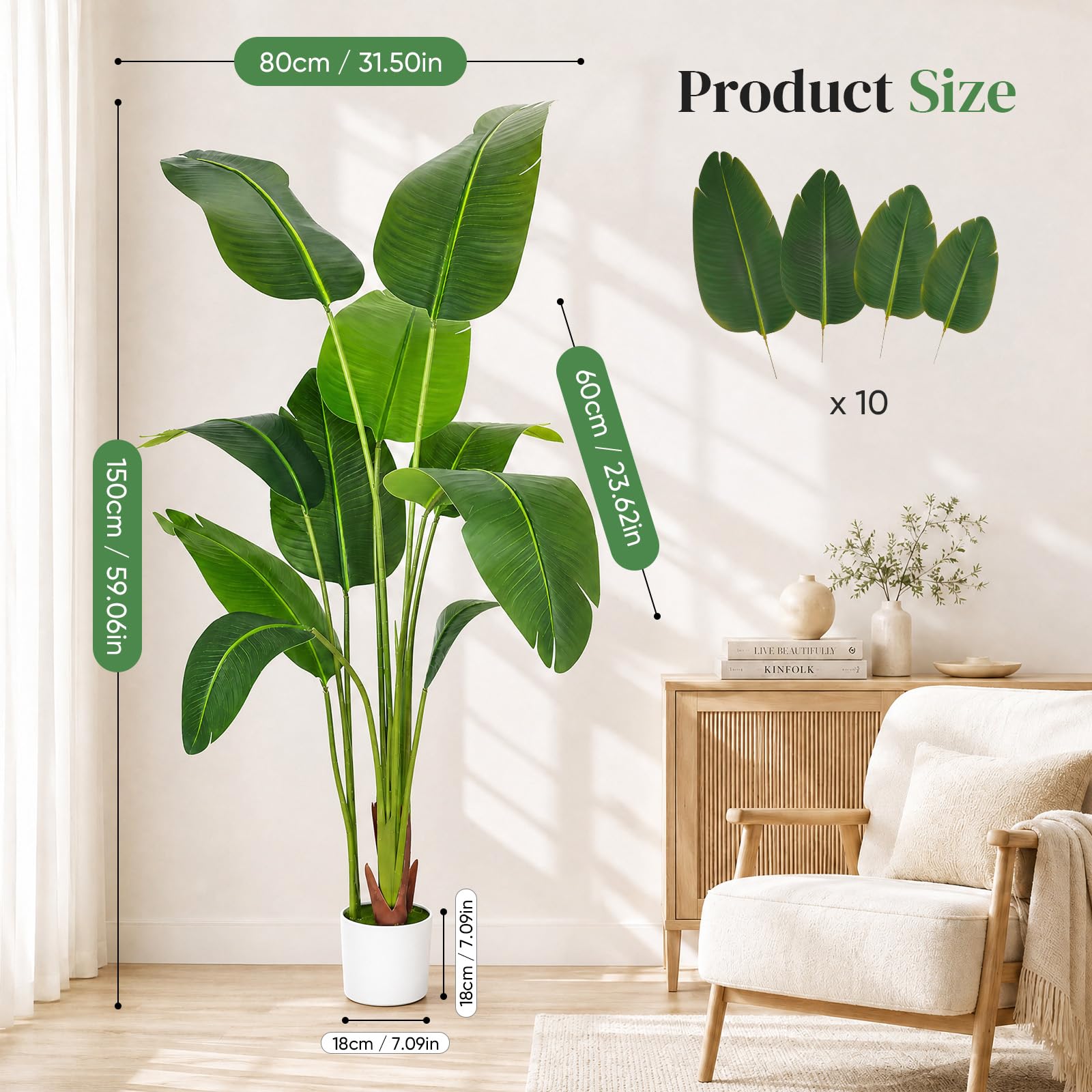 Oiseau de paradis artificiel - 150 cm - Grand bananier tropical artificiel avec 10 feuilles - Plantes artificielles comme de vraies plantes avec pot blanc - Pour décoration de chambre, bureau, chambre