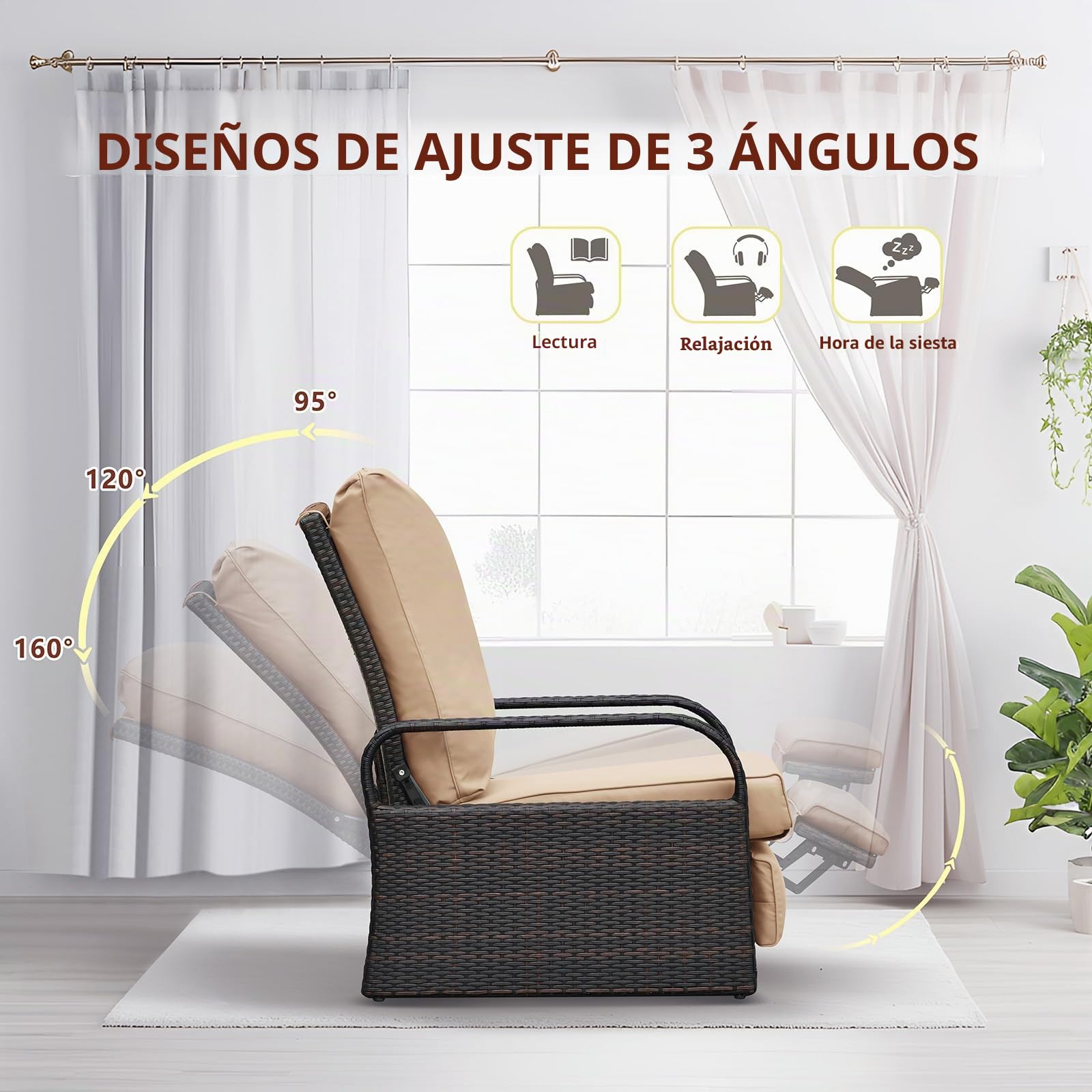 ATR ART TO REAL Juego de 2 sillas reclinables de jardín, silla reclinable para exteriores ajustable de 3 posiciones de altura, marco de aluminio, tumbonas de ratán tejidas a mano para muebles de