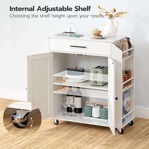 Miniatura 6 de HOOBRO Isla de cocina con toma de corriente, isla de almacenamiento de cocina con estante de especias y cajón, carrito de cocina rodante sobre