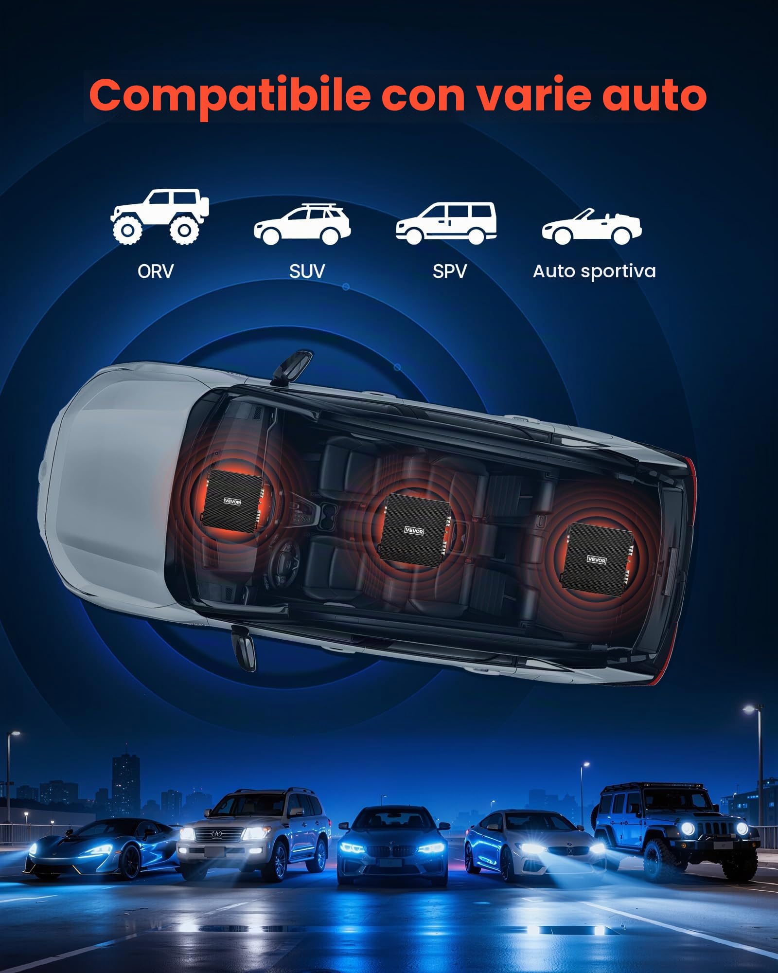 VEVOR Amplificatore Audio per Auto 2 Canali Potenza a Ponte Classe AB da 12V, Amplificatore per Auto Riduzione della Distorsione max. 2x300 W a 4 Ohm max. 2x600 W a 2 Ohm, Berline SUV Pick-Up