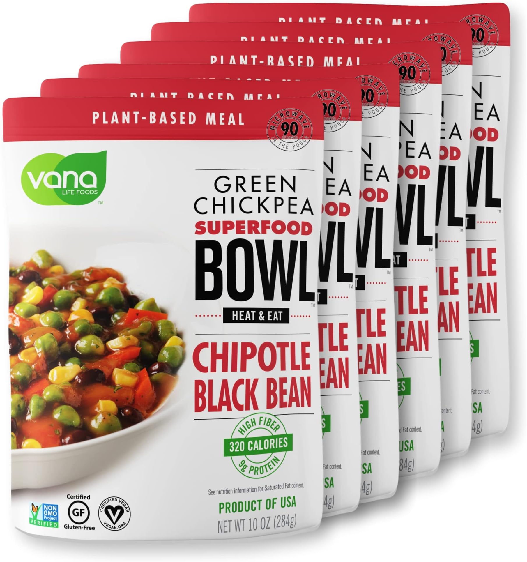 VANALife's Foods Plant based Ready Meal - Green Chickpea Superfood Bowl Heat and Eat Microwaved Cooked Bowl | Product of the USA (Chipotle & Black Bean, 6-Pack)