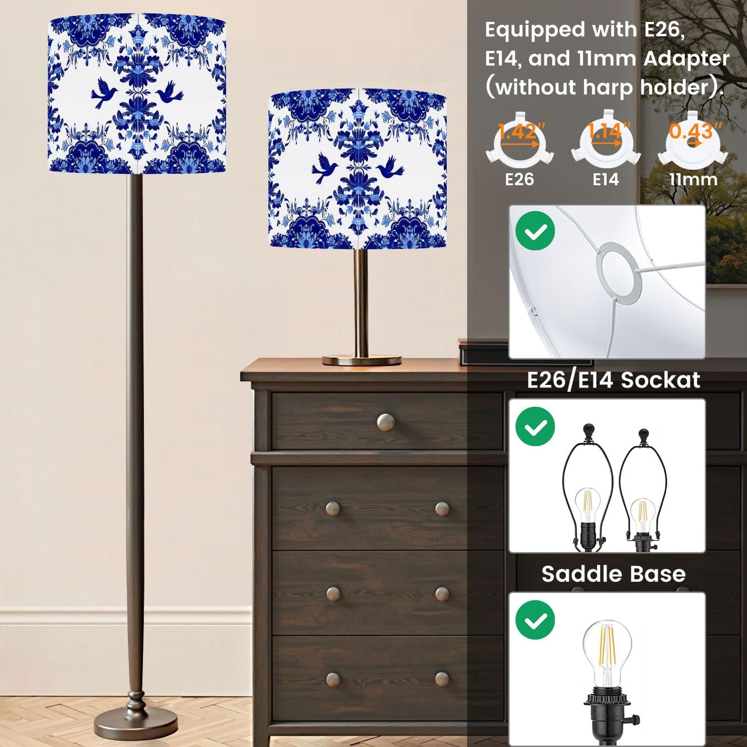 Lamp Shade Classic chinoiserie birds floral porcelain Ornate chic blue white Drum Lampshades for Floor Lamps Hanging Lamp Table Lamps 11"x11"x8.9" Replacement Linen Lamp Shade Easy Assembly