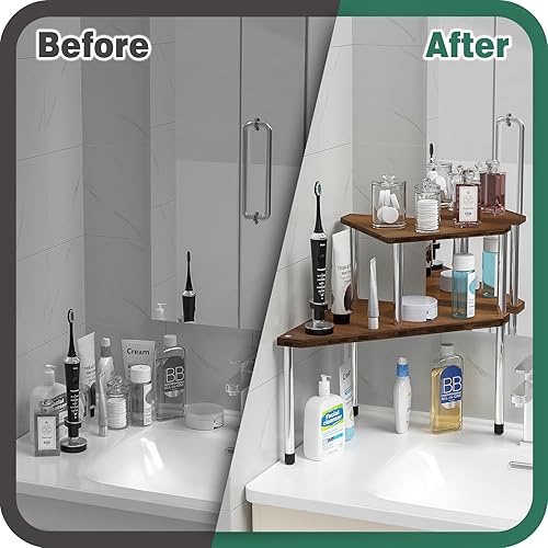 Vista 49 de Weenson Organizador de baño, estante esquinero para encimera, 2 niveles, organizador de especias de bambú, organizador de encimera de cocina