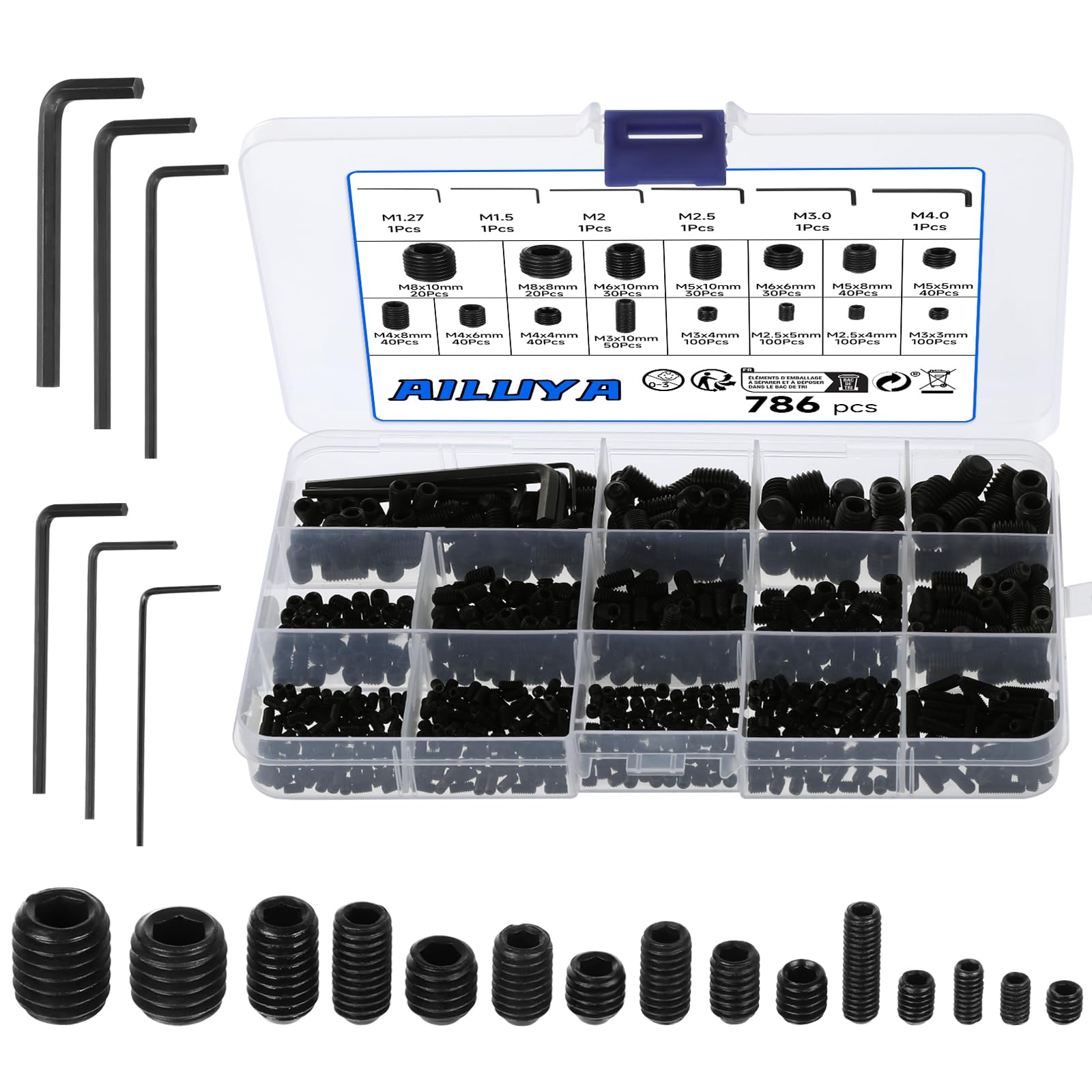 786 Pcs Grub Screws Assorted, M2.5 M3 M4 M5 M6 M8 Allen Head Socket Set Screw, Black Alloy Steel Hex Grub Screw Assortment Kit with 6x Wrenches, Hex Socket Head Set Screws for Door Handle Knob Lights