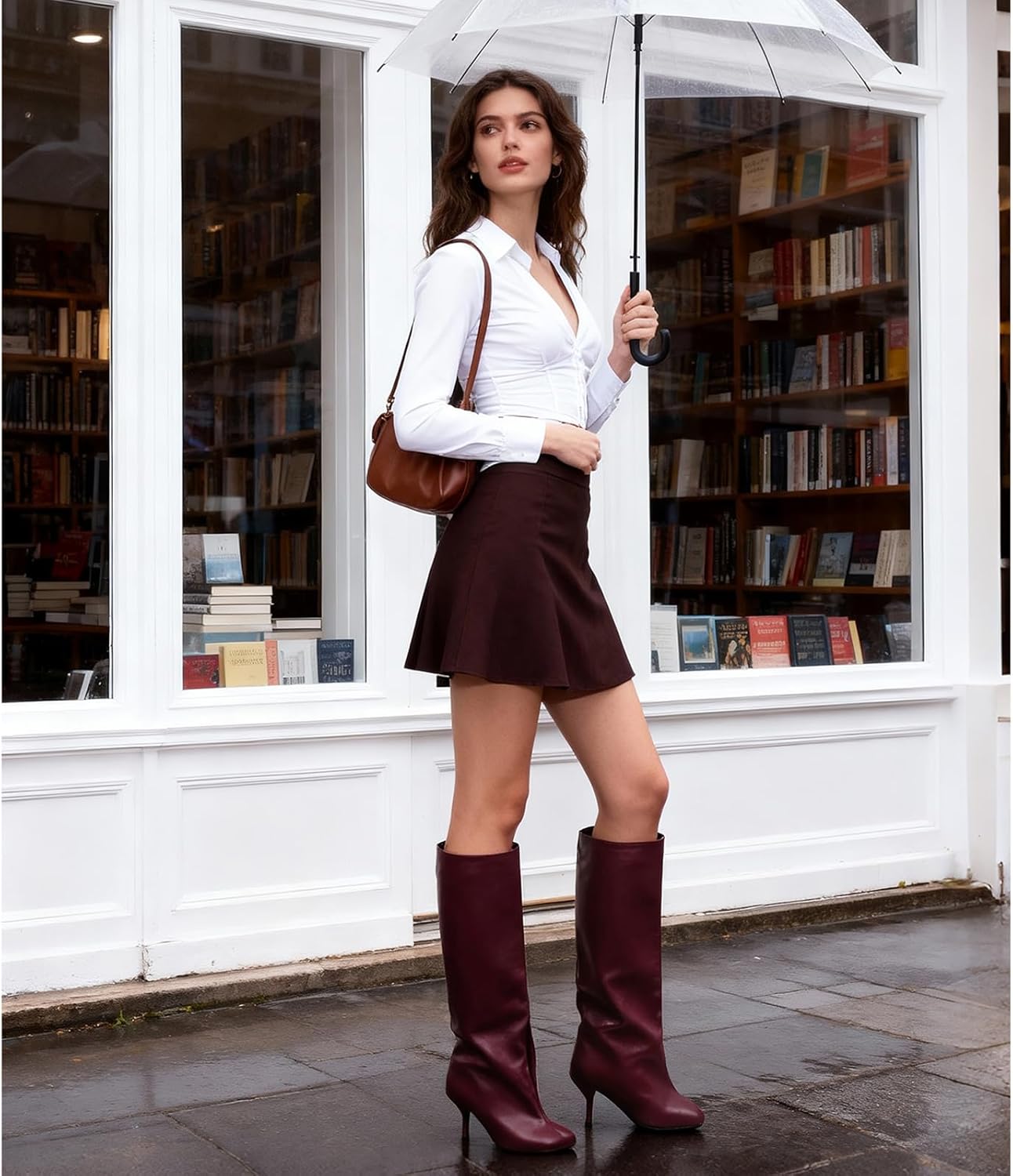 Women's Knee High Suede Boots for Women Wide Calf Square Toe Stiletto Heels Tall Boots Pull On High Heel Long Booties - Image 3