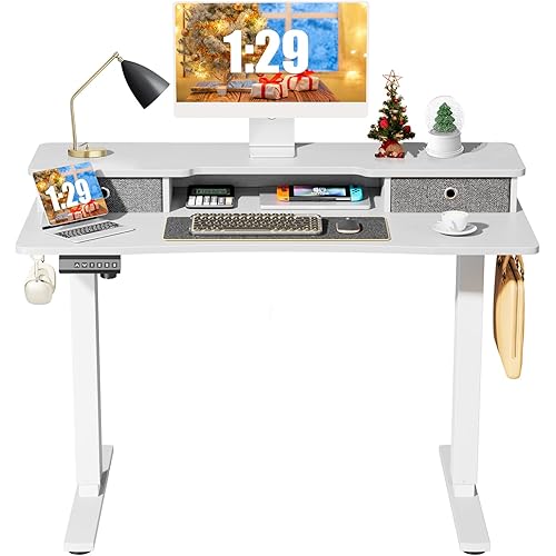 Sweetcrispy Electric Standing Desk Adjustable Height with Drawers, 48 x 24 inch Stand up Sit to Stand Desk, Ergonomic Home Office Computer Gaming Work Motorized Rising Desk with Storage Shelf, White