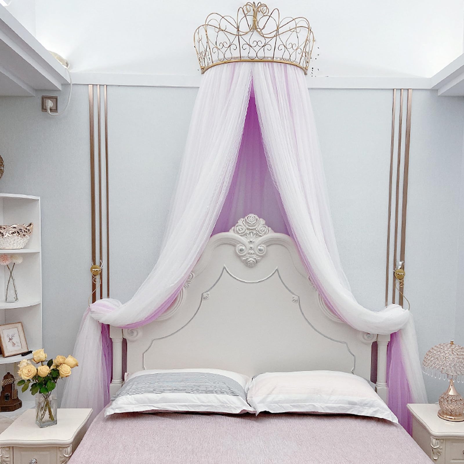 MESCXTY Princess Bed Canopy for Girls & Adults, Elegant Double Layer Curtain with Crown, Romantic Tents Valance(King to California King, Purple)