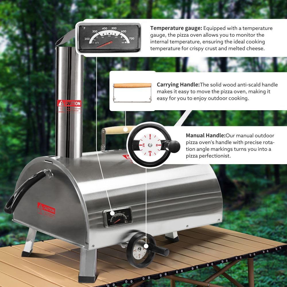 Horno de pizza para exteriores, horno de pizza giratorio semiautomático de 12 pulgadas, horno de pizza portátil de acero inoxidable con termómetro integrado, bolsa de transporte (media redonda 5