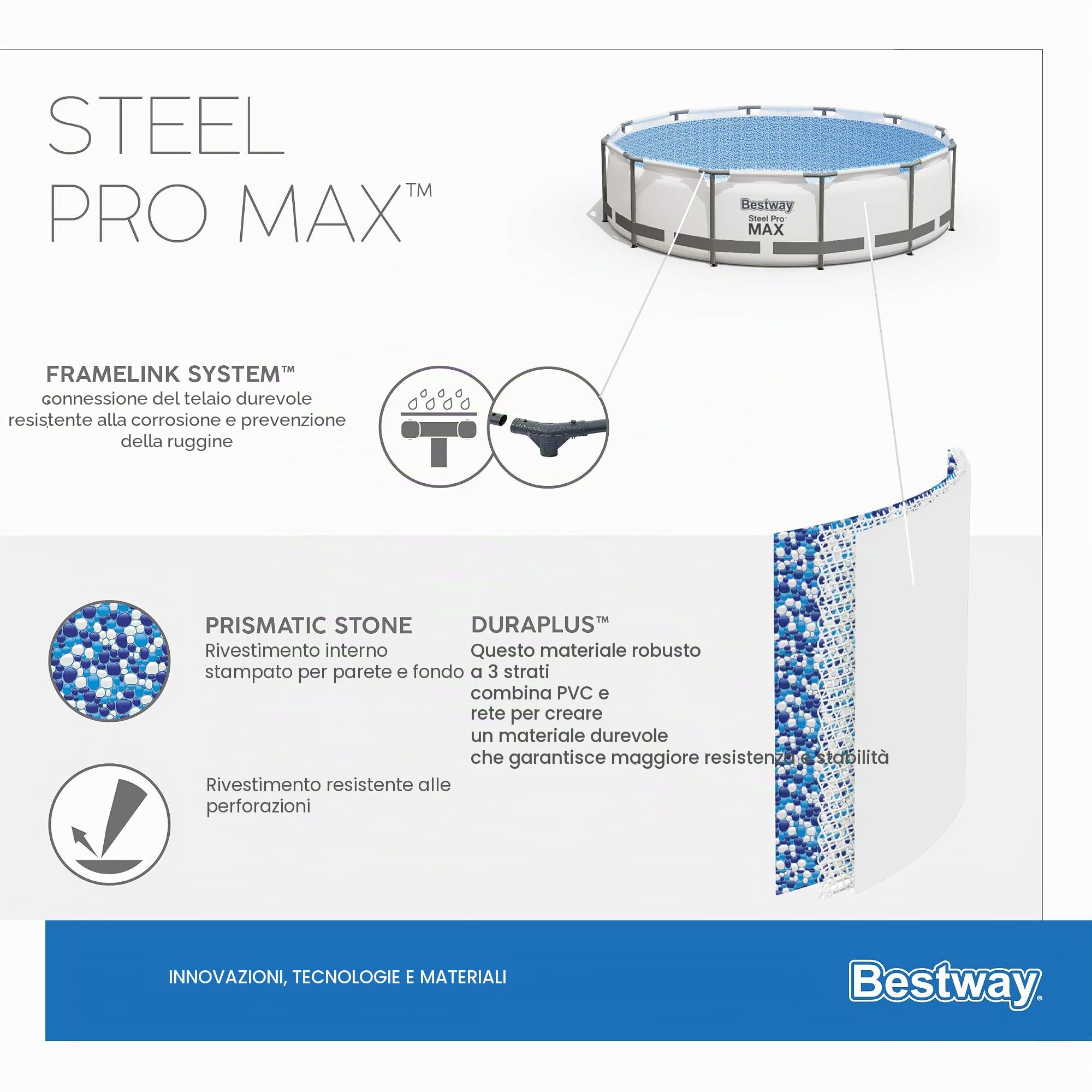 Bestway Steel PRO Max Frame Pool Set Completo con Pompa Filtro Ø 457 x 107 cm, Grigio Chiaro, Rotondo