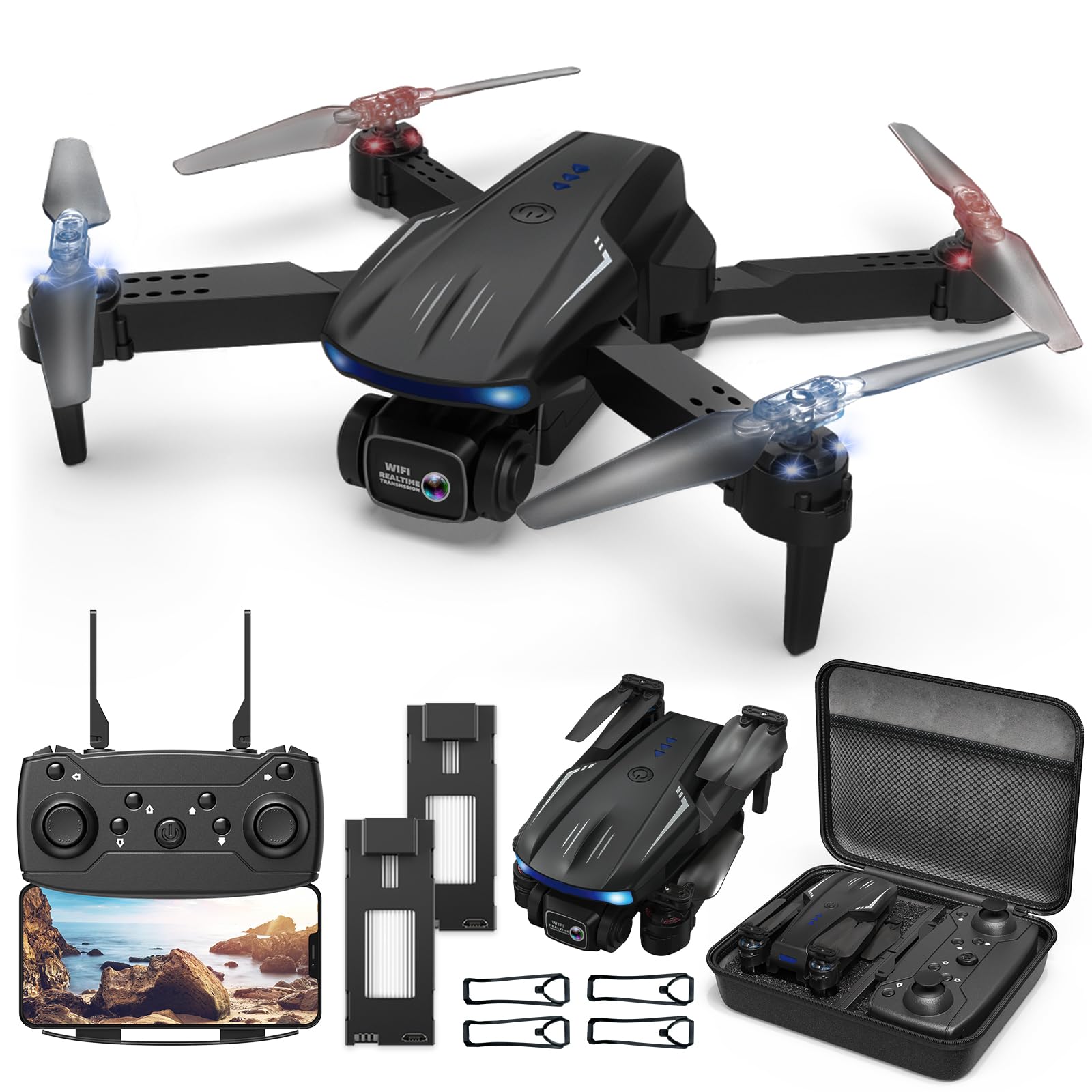 Foldable FPV Drone with 1080P HD Camera for Kids & Adults, 2 Batteries, One Key Take Off/Land, Altitude Hold, Headless Mode, 360Flip, 3 Speed Modes, Waypoint Fly