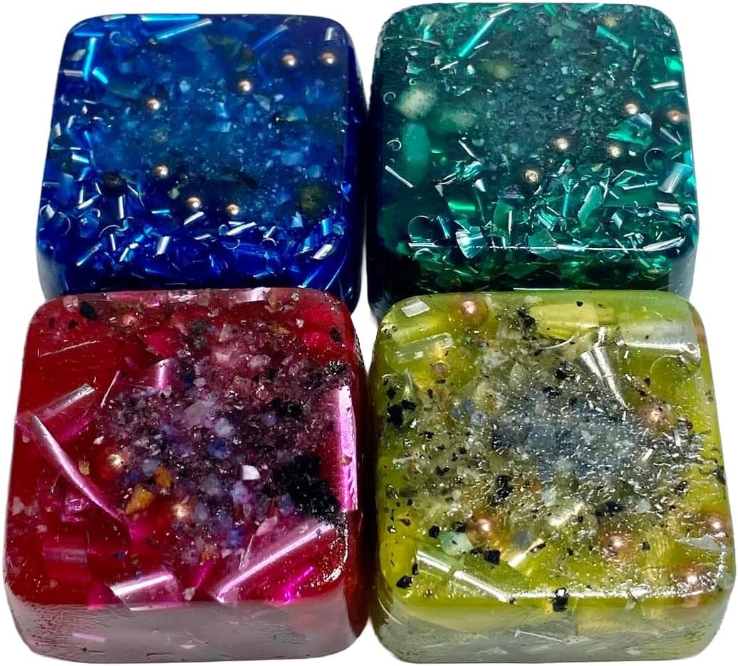 4 Transparent Mini Cube Tower Busters Green Yellow Red Blue Orgone Generator Energy Accumulator Perfect Gifting Tool! Made 528Hz Frequency with OM Chants Many Beautiful Ingredients and Colors!