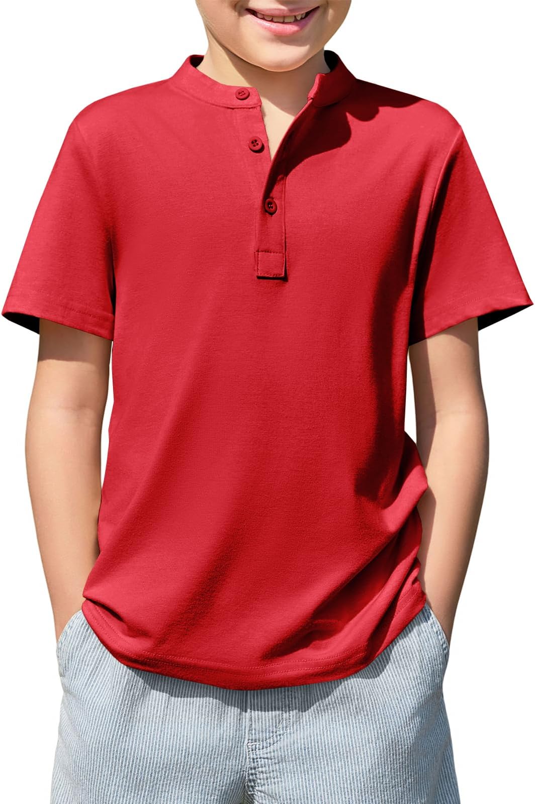 Haloumoning Boys Short Sleeve Henley Shirt Kids Casual Button Front Summer T-Shirts Tops Tees 5-14 Years