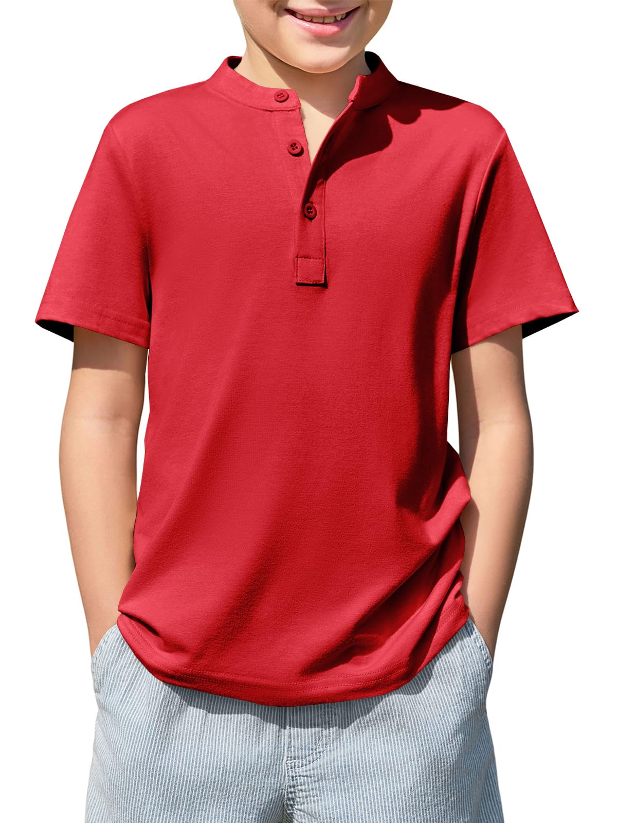 Haloumoning Boys Short Sleeve Henley Shirt Kids Casual Button Front Summer T-Shirts Tops Tees 5-14 Years