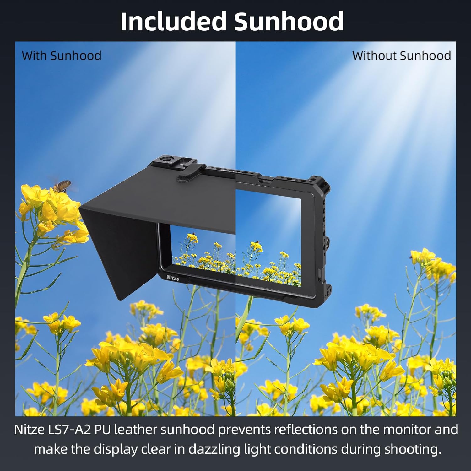 Nitze Cage for Feelworld S7 Monitor with Built-in NATO Rail, Cold Shoe and PU Sunhood - JT-F06B