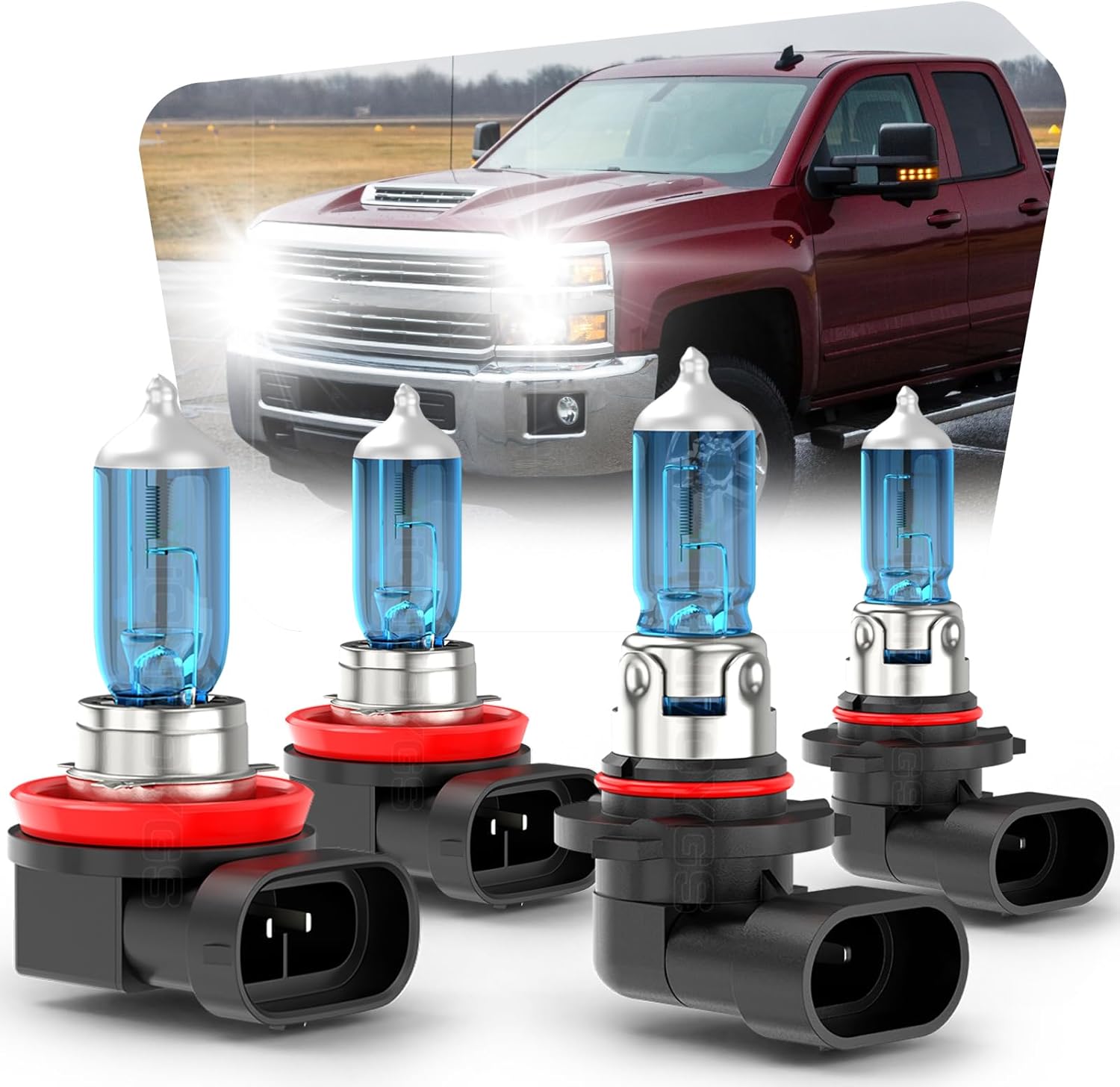 Fit for Chevy Silverado 1500 2500 3500 2007 2008 2009 2010 2011 2012 2013 2014 2015, 9005 H11 Upgraded Halogen Headlight Bulbs, Ultra - High Performance, Pack of 4
