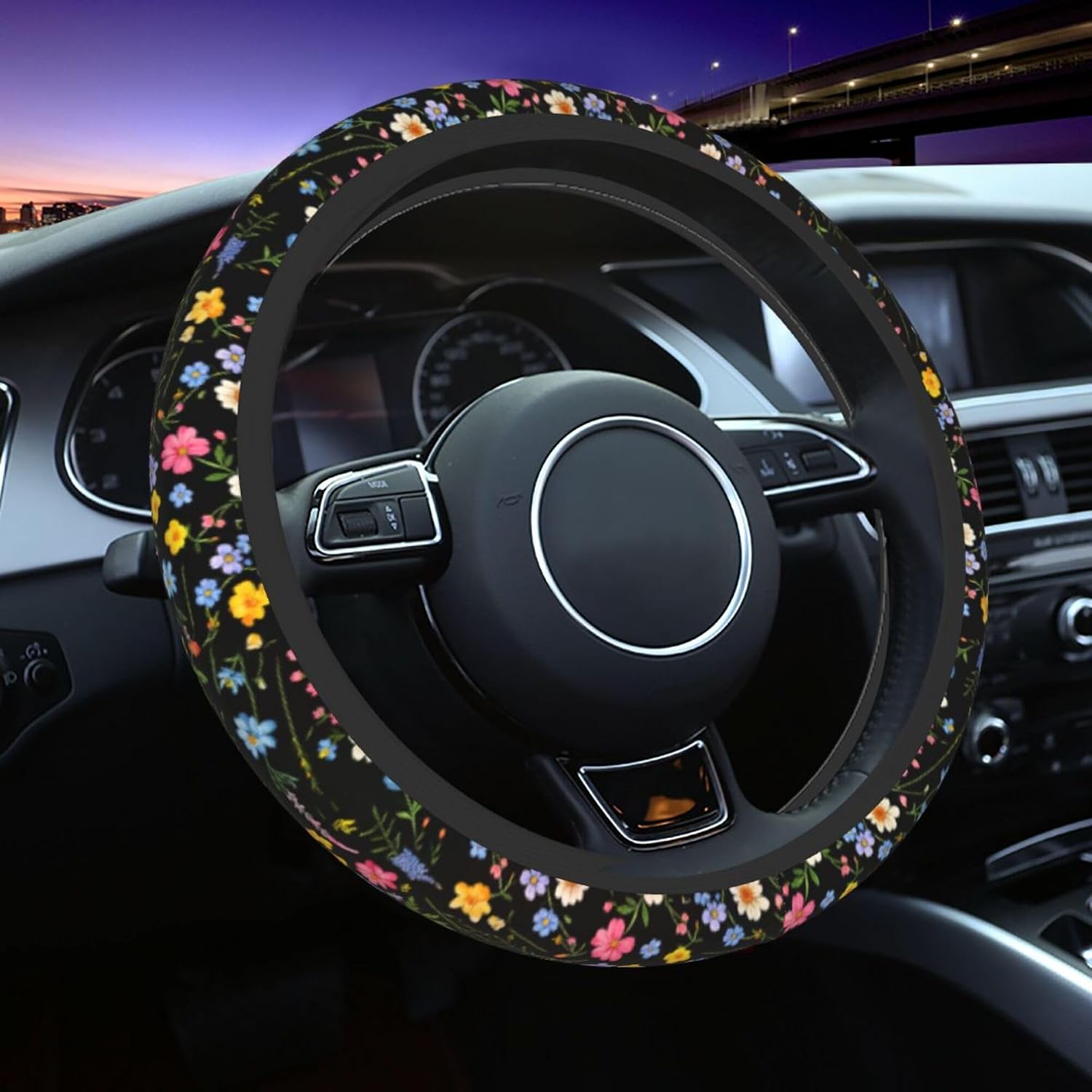 Wildflower Car Steering Wheel Cover - Multicolor Wildflower Steering Wheel Cover Anti-Slip Breathable Universal for 15 in 2 Pcs Car Interior Cup Holder Pad for Men Women