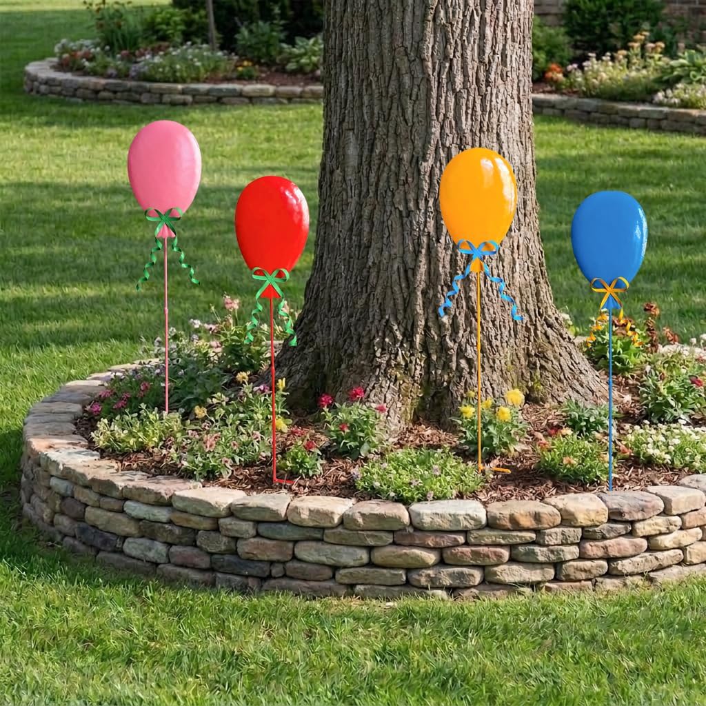32" Decorative Garden Stakes Set of 4, 3D Metal Balloon Yard Art, Rustproof Metal Garden Decor & Yard Decorations Outdoor, Metal Flowers for Outside in 4 Colors (Blue, Pink, Red, Yellow)