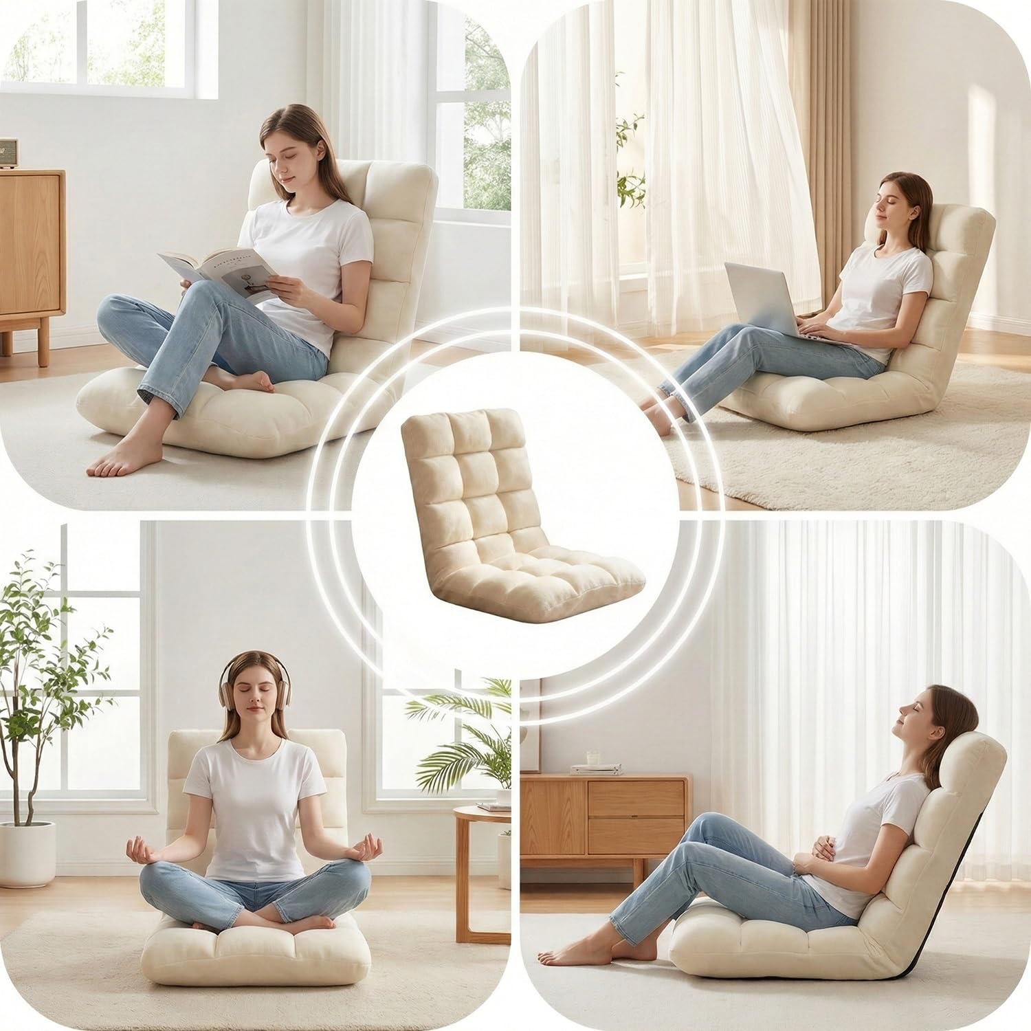 Silla de Suelo Ajustable con Respaldo, Sofá Gaming Plegable 5 Posiciones para Meditación Lectura, Esenciales para Habitación y Ver TV
