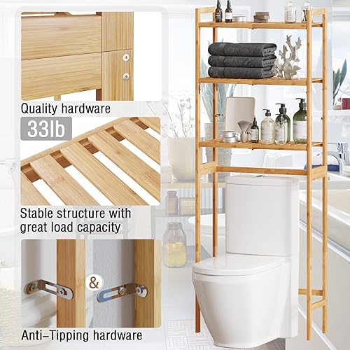 Miniatura 5 de AMBIRD Almacenamiento sobre el inodoro, organizador de baño de 3 niveles con estantes de bambú resistentes, estante multifuncional para inodoro,