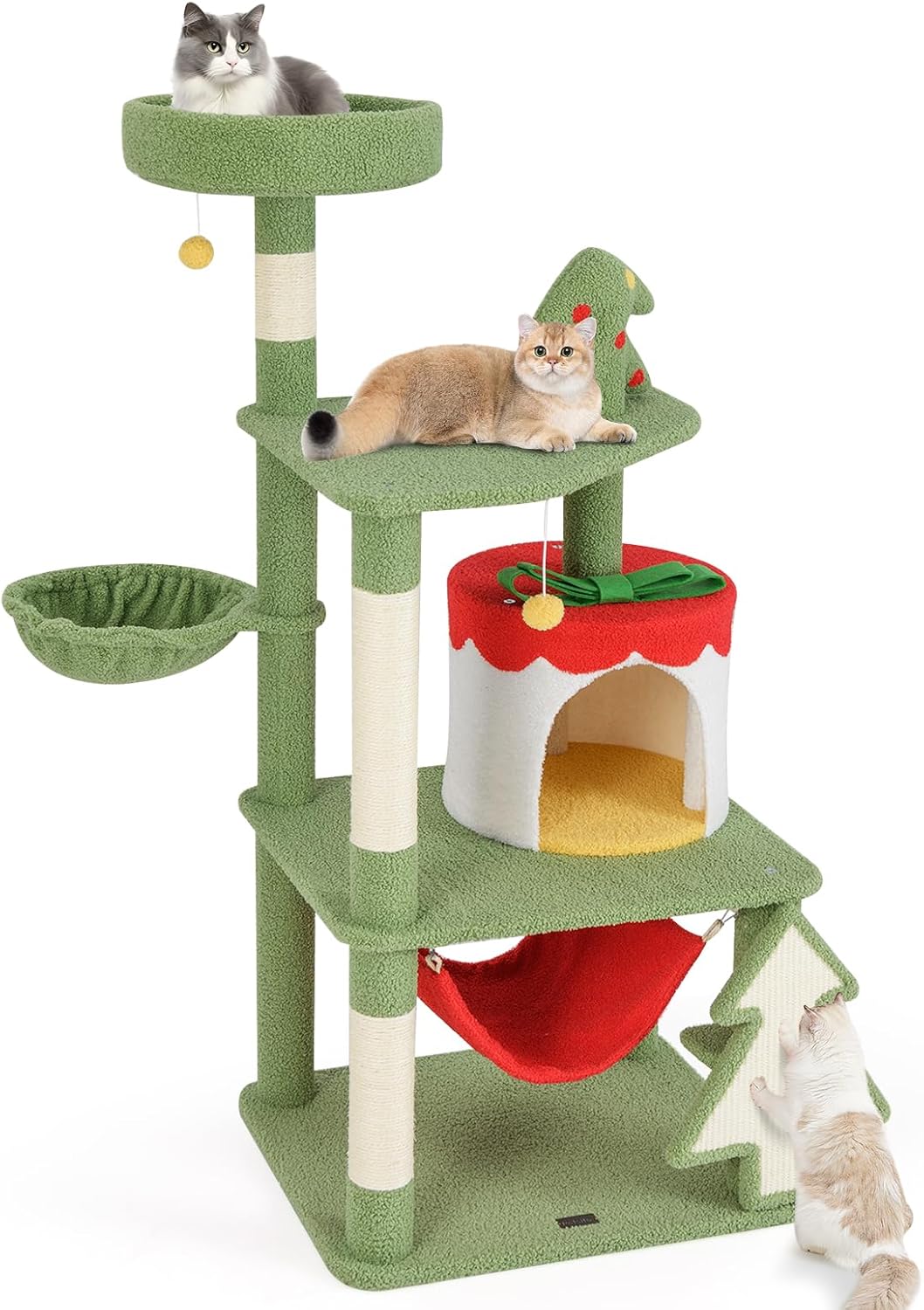PETSITE 52 inch Cat Christmas Tree, Multi-Level Cat Tower with Sisal Scratching Posts & Board, Cat Condo, Basket Bed, and Detachable Hammock, Cute Cat Tree for Indoor Cats