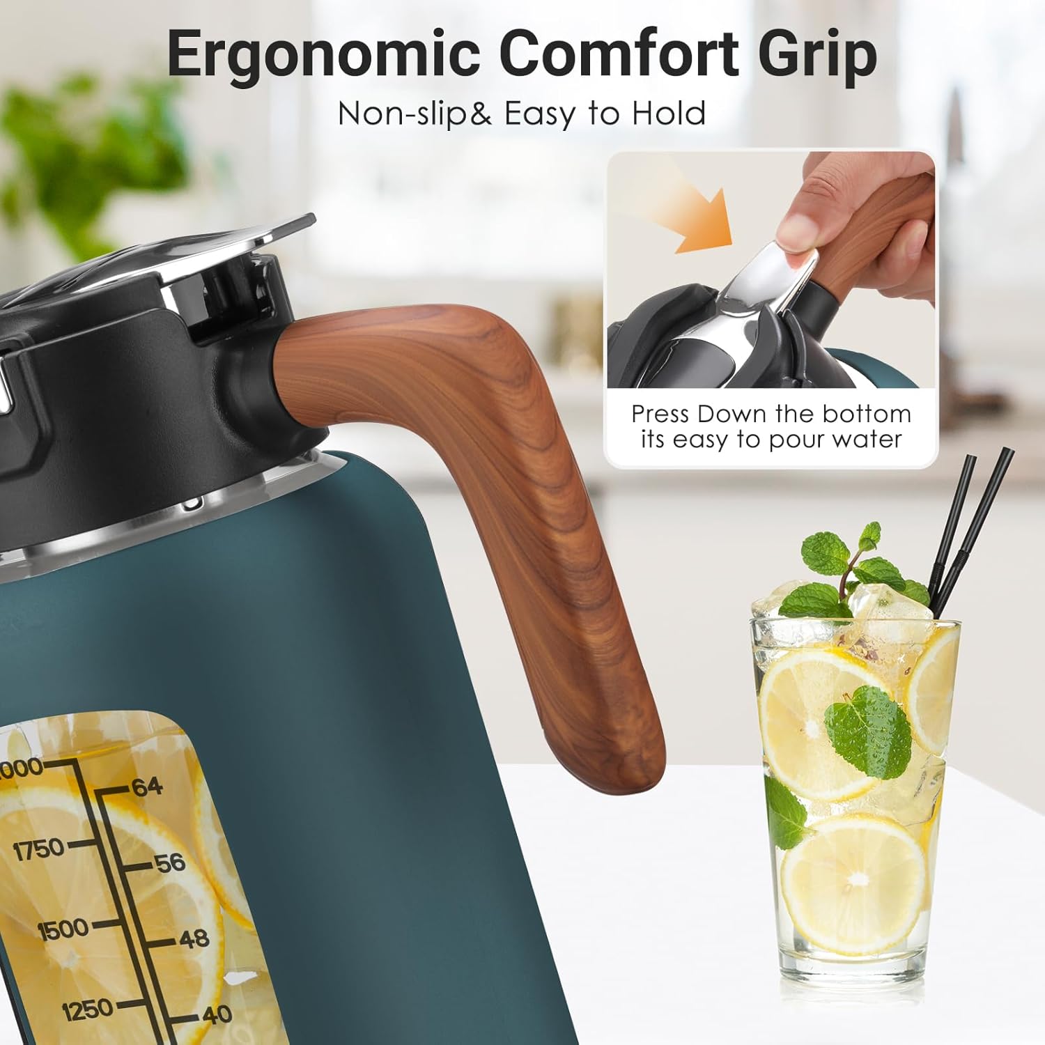 84oz Glass Pitcher with Lid and Handle Borosilicate Glass Water Jug/Carafe for Hot & Cold Beverages, 2.5Liter Large Pitcher with Silicone Sleeve & Wide Mouth, Fridge Safe for Iced Tea, Coffee, Juice
